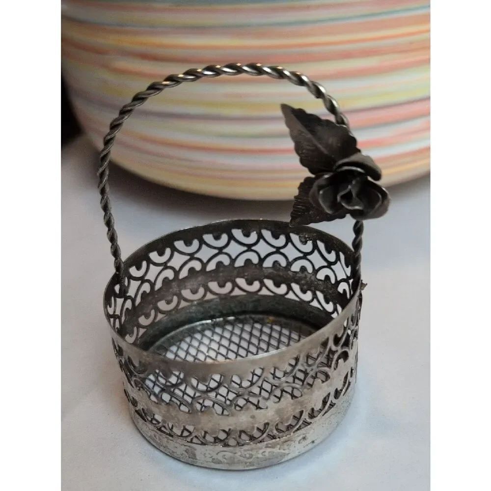Vintage Silver Filigree Decorative Miniature Metal Basket Rope Handle With Rose